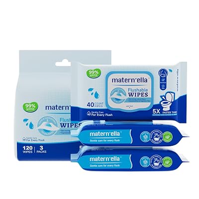 MATERNELLA Flushable Unscented Adult Wet Wipes With Dandelion & Aloe Vera, Personal Cleansing Toilet Wipes, 100% Plant Based Fibers, Soft and Septic Sewer Safe, 120 Count 3 Packs of 40