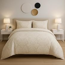 Cozy Haven - Damask Duvet Cover Set - For All-Season, Lightweight Soft Microfibre with 2 Pillow Cases (Beige, Double)