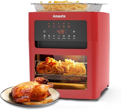 Air Fryer, Electric Airfryer, 10-in-1 Cook Presets with LED Digital Touchscreen Rotisserie Oven, Countertop Oven with Convection&Temp, Freidora de Aire, Dishwasher Safe, Recipe Included, RED, Amaste