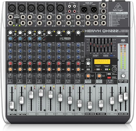 Behringer XENYX QX1222USB Premium 16-Input 2/2-Bus Mixer with XENYX Mic Preamps and Compressors, Klark Teknik Multi-FX Processor, Wireless Option and USB/Audio Interface