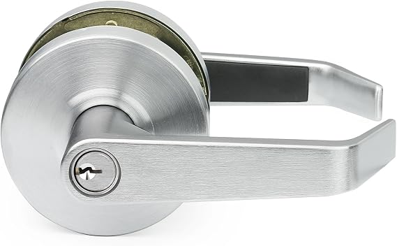 Lawrence Commercial Lever Door Lock - Heavy Duty Locking Commercial Door Handle Keyed Entry, Grade 2 Door Handle with Lock and Key - Brushed Chrome, Entrance/Keylock Function Embassy Series