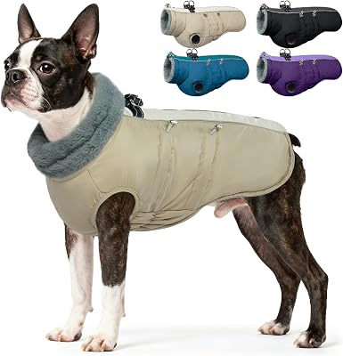 IDOMIK Warm Dog Coat with Harness, Waterproof Reflective Dog Jackets for Small Medium Large Dogs, Fleece High Collar Winter Jacket with Zipper, Pet Winter Snowsuit Clothes for Cold Weather,Khaki S