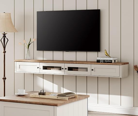 WAMPAT Floating TV Stand for TVs up to 80 Inch, Wooden Floating TV Shelf with Storage Cabinet, Modern Floating TV Shelf Entertainment Center for Living Room, White