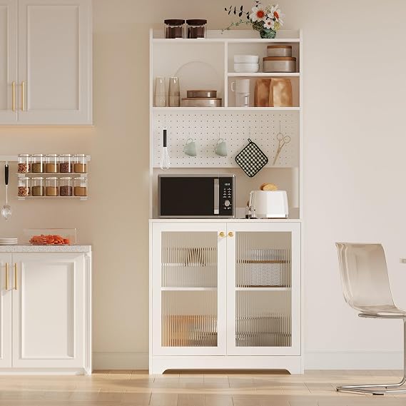 GarveeHome 71 in Pantry Storage Cabinet with Doors, Kitchen Storage Cabinets with DIY Pegboard & Adjustable Shelves, Hutch Cabinet for Kitchen Dining Room Living Room(31.5 in x15.5 in x71 in), White