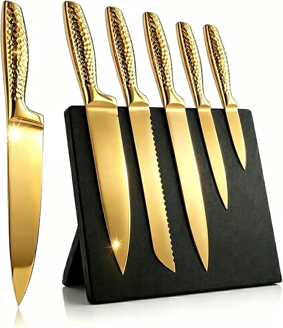 6Pcs Luxury Gold Chef Knife Set with Wooden Magnetic Block,Gift Ready