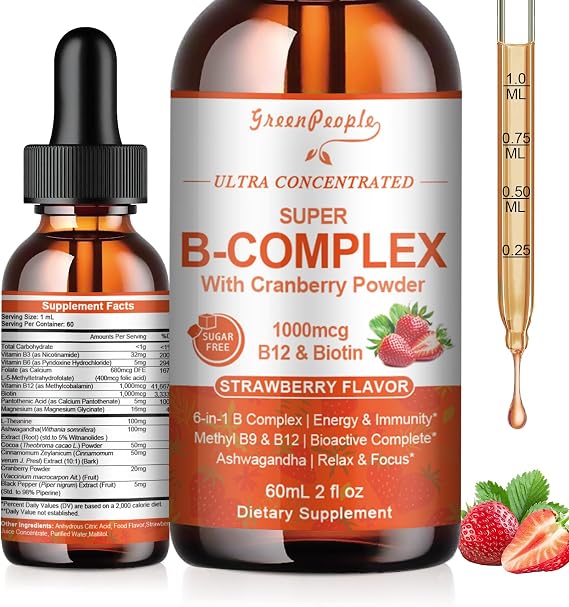 GREENPEOPLE Methylated Vitamin B Complex Liquid, Vegan, 2 Pack Strawberry