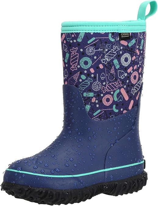 CNSBOR Kids Waterproof Insulated Rubber Neoprene Rain Boots with Easy on Rainboot for Youth