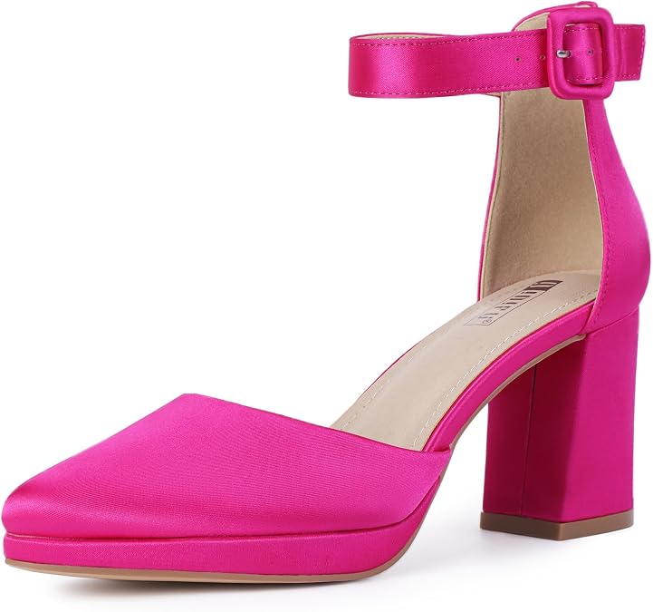 IDIFU Women's Closed Toe Chunky Block Platform Heels Pumps | IN3 Pointed Toe Ankle Strap Comfortable Wedding Short Low Dress Shoes for Women