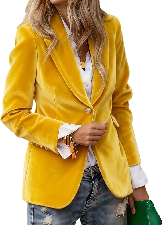 Women's Velvet Blazer Business Casual Suit Jackets Button Up Lapel Long Sleeve Blazers Work Office Coats Outerwear