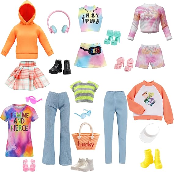 17 Pcs Doll Clothes & Accessories for 11.5 Inch Girl Dolls, 6 Energetic Doll Outfits with Hooded Sweater Skirt Casual Jeans Sport Wear Dress, 11 Accessories Shoes Backpack Sunglasses Hats Girls Gifts