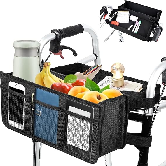Walker Bag with Cup Holder & Multiple Pockets - Large Capacity Folding Basket Tote, Detachable Storage Pouch for Elderly, Seniors, Wheelchair & Mobility Aid Accessories