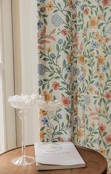 Linen Farmhouse Curtains for Living Room 45 Inch Length Floral Print Window Curtains Semi Blackout Drapes for Bedroom Country Room Darkening Curtain 1 Panel (Back Tab Curtains, 52"W x 45"L)