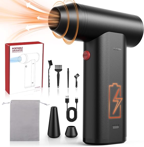 Metal Electric Air Duster 150,000RPM Super Power Cordless Turbo Air Duster, Adjustable Rechargeable 3-Gear Brushless Motor Durable Mini Jet Dry Blower for Snow Keyboard Cleaner, Car Home, PC Cleaning | For keyboards, PCs, cars and home cleaning. Metal air duster uses a rechargeable brushless motor with 3 speeds.