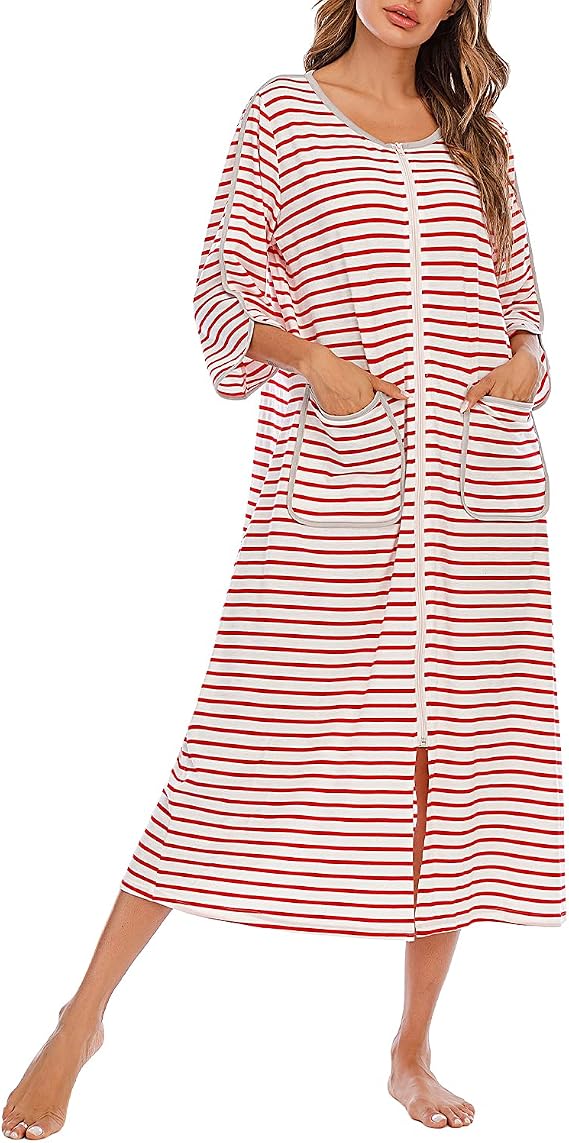 Womens Zipper Front House Dress Long Robes 3/4 Sleeves Nightgowns