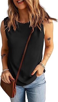 KINLONSAIR Womens Loose Fit Sleeveless Waffle Tank Tops Casual Crew Neck Knitted Tees