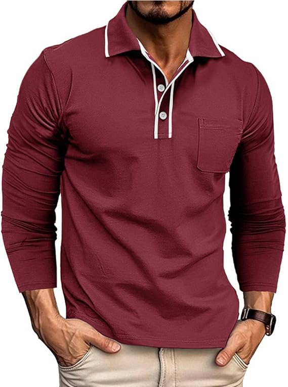 Mens Long Sleeve Polo Shirts Casual Cotton Tee Shirts Collared Polo Work Pullover Shirts