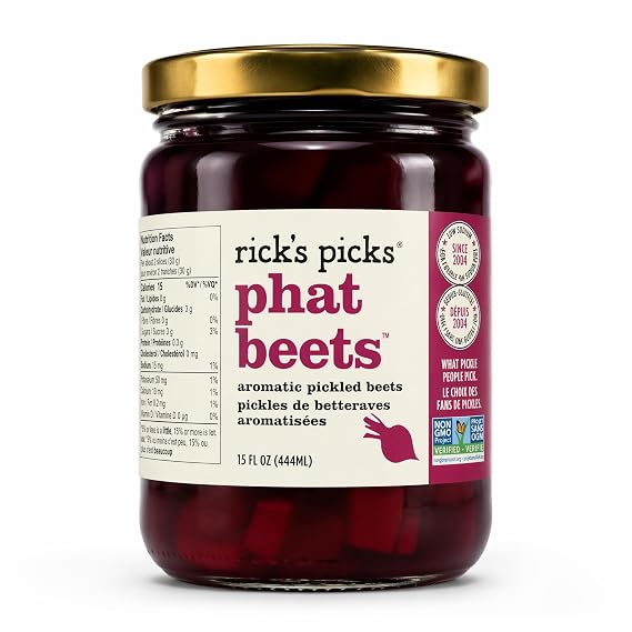 Ricks Picks Phat Beets Aromatic Pickled Beets with Shallots, Non-GMO, All-Natural, Gluten-Free, Perfect for Appetizers, Low-Calorie, Shelf-Stable, 15 oz Jar