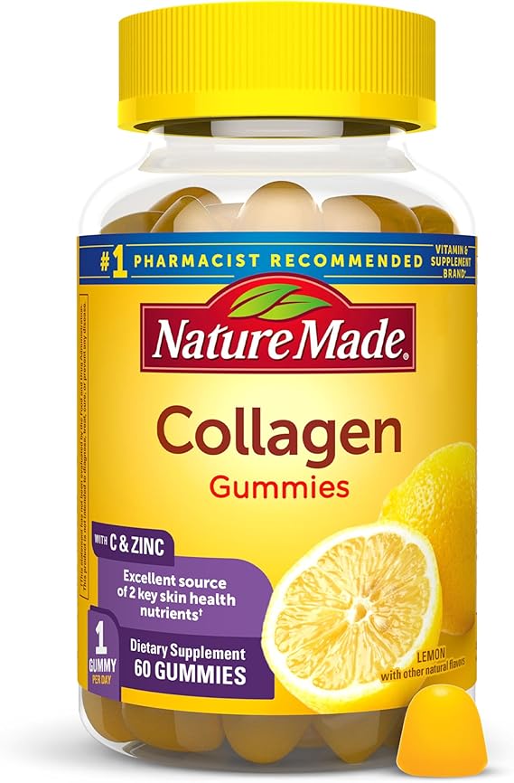 Nature Made Collagen Gummies with Vitamin C and Zinc, 60 Gummies | Hydrolyzed Collagen Peptides for Women and Men, Healthy Skin Support Supplement with Biotin, Lemon Flavor, 60 Day Supply