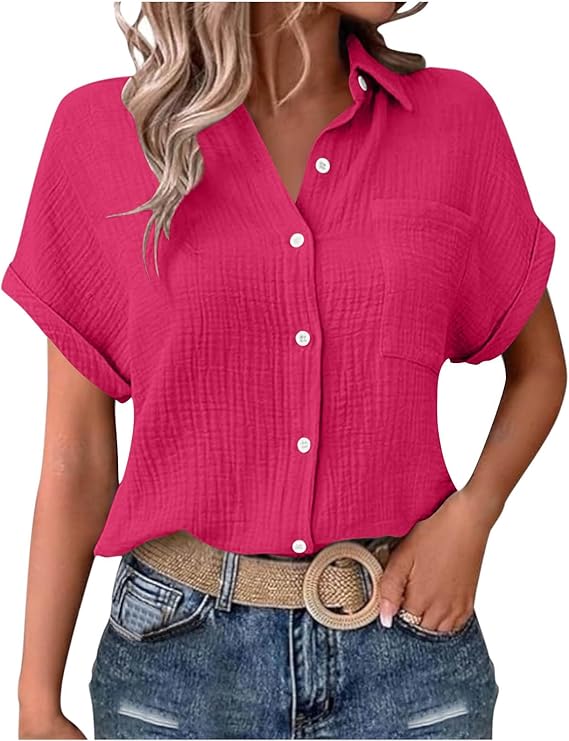 Blouses for Women Dressy Casual Collared Button Down Shirts Roll Short Sleeve Tops Loose Tunic Summer Work Shirt