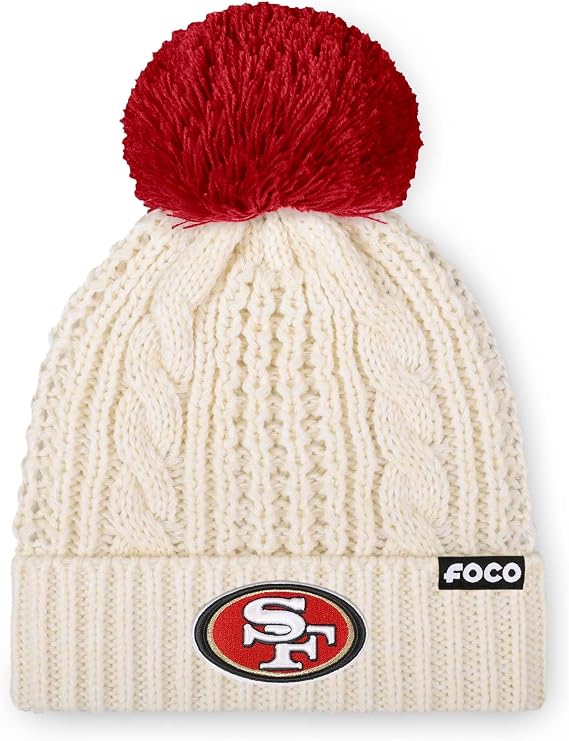 FOCO NFL Womens NFL Team Logo Cable Knit Pom Beanie Hat