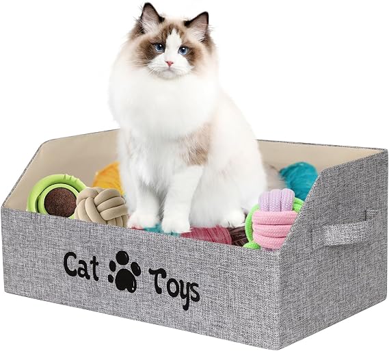Large Size Cat Toy Box, 50x29x22 cm Collapsible Basket for Cats and Kittens, Pet Storage Box Chest Holder Organizer with Handles for Toys, Clothes and Accessories, Grey (For Cat)