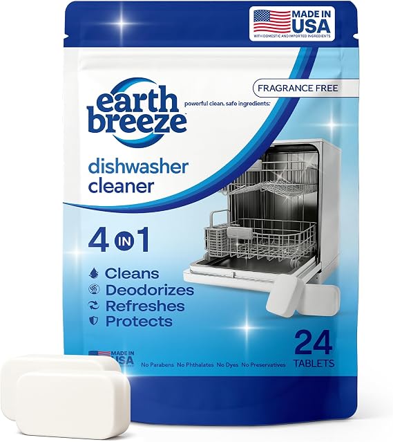 Earth Breeze Dishwasher Cleaner Tablets 4-in-1 Cleans, Deodorizes, Refreshes & Protects Removes Odor, Buildup & Residue Fragrance Free, No Harsh Chemicals, Safe for All Dishwashers - Made in USA