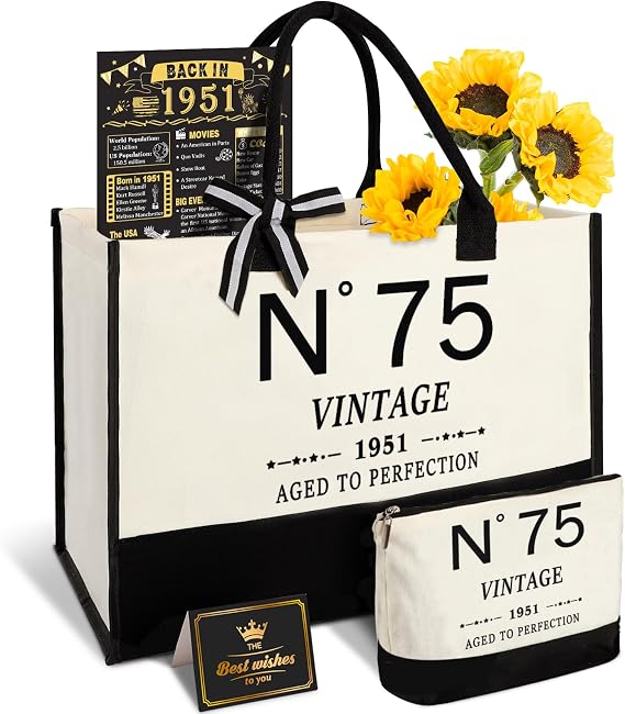 75th Birthday Gift for Women-N75 Canvas Tote Bag,Makeup Bag,Back in Poster | Large Capacity,Easy to Clean and Reusable, Waterproof Coating, Specially Designed for 1951, Gifts for 75 Year Old Woman