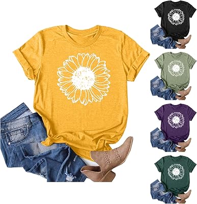Womens Tops Short Sleeve Shirts Plus Size Loose Fit O-Neck Tees Blouses Sunflower Print Casual Basic T-Shirt