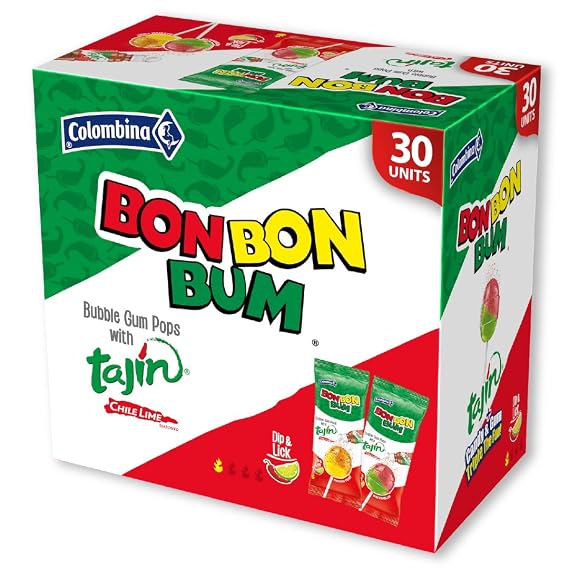 Colombina Bon Bon Bum Tajin Tropical Passion Fruit & Watermelon with Tajin Chile Lime Dip Dispenser, 30 Count (Pack of 1)