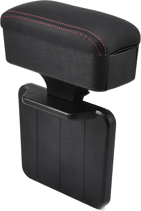 Car Seat Gap Filler Storage Box, Multifunctional Car Center Console Armrest Storage Box with Cup Holder, PU Leather Adjustable Height Elbow Armrest Support Pad (Black with Red Stitching)