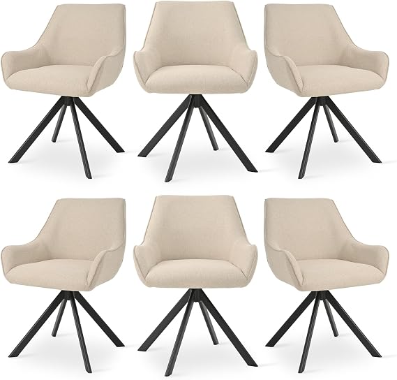 Swivel Dining Chairs Set of 6, 360° Swivel Kitchen Chair for Living Room with Armrests, Upholstered, Metal Leg, Beige