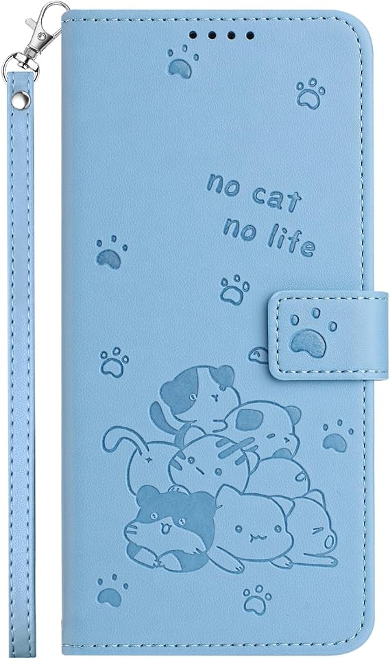 Phone Case for Samsung S22 Leather Wallet with Card Holder & Stand & Wrist Strap, Cute Cat Cover for Samsung Galaxy S22 Case Flip Full Body Shockproof Protective (Blue)