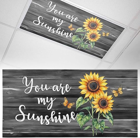 Fluorescent Light Covers for Ceiling Lights Sunflower My Sunshine Magnetic Light Filters 1 Pack 4x2 ft Black Wood Grain Butterfly Ceiling Lights Cover for Classroom Office School Home Drop Lamp Decor