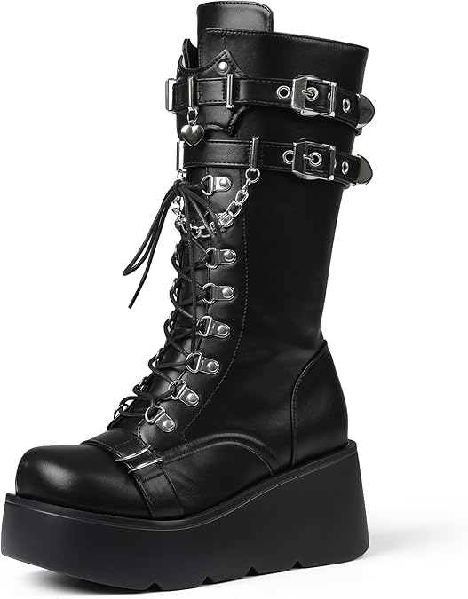 Women's Black Platform Boots Wedge Combat Gothic Chunky Heel Lace Up Mid Calf Punk Motorcycle Shoes
