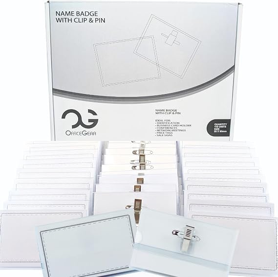 OfficeGear Name Badges with Clip and Pin (110 Pack) ID Tag Name Badge Holder with Inserts for Conference Corporate Event Networking School Meeting – 90mm x 54mm Lombardi Smith