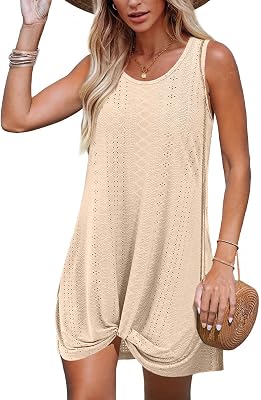 Swimsuit Coverup Summer Dresses for Women Vacation Essentials Eyelet Crew Neck Loose Sleeveless Twisted Dresses