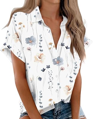 Linen Shirts for Women Cotton Womens Short Sleeve Shirts V Neck Collared Button Down Blouse Tops Camp Shirt S-3XL