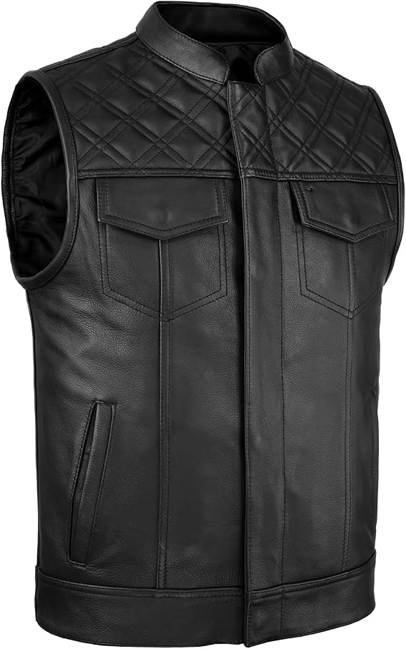 Leatherick SOA Style Motorcycle Vests for Men - Top Grain Cow Leather Diamond & Honeycomb Stitch Genuine Leather Biker Vest