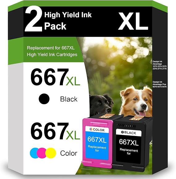667XL Ink Cartridge Black and Color Combo Pack Replacement for HP 667XL 667 XL Ink Cartridges Work for HP DeskJet 1275 2374 2375 2376 2775 2776 6075 6475 6476 Printers (1 Black, 1 Tri-Color)