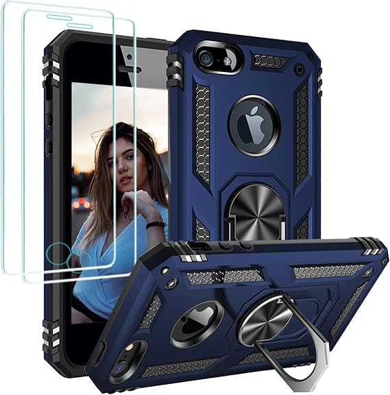 Jeylly Designed for iPhone 5/5s/SE (2016 Edition) Case, Shock Absorption Drop Protection Rugged Cover Case with Rotatable Metal Ring Stand [Support Magnetic Car Mount], Blue/Black