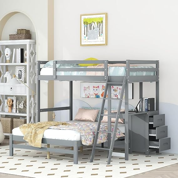 Harper & Bright Designs Bunk Beds Twin Over Full Size with Built-in Desk and Three Drawers, Wooden Storage Bunk Beds with Removable Bottom Bed , with Ladder & Guardrails for Kids,Grey