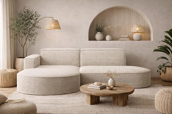 Kaiser Möbel - Corner Sofa with Living Landscape Corner Couch L-Shape Sofa 3-Seater Upholstered Sofa Comfortable Couch with Ottoman for Living Room Relax Sofa Stylish Cord Sofa Modena Studio Ecru Left