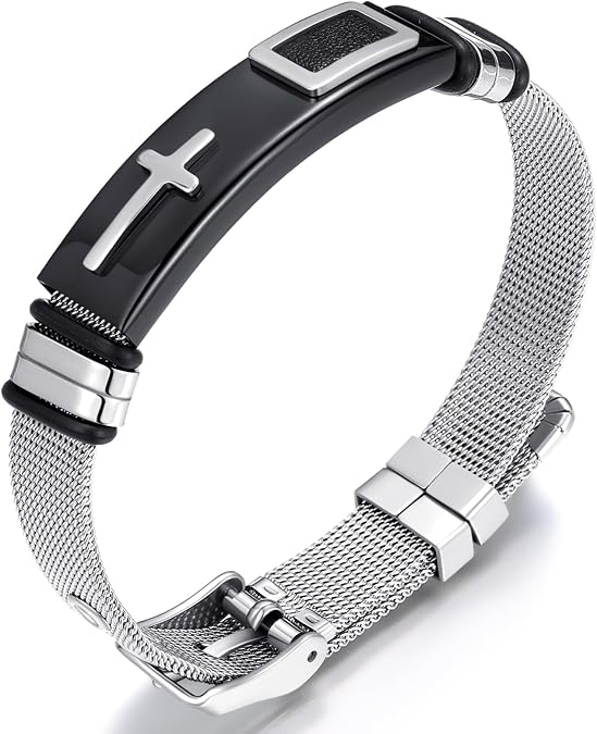 2026 ULtimate Mens bracelet,Black bracelets for men,Stylish Adjustable Cross Stainless Steel Mesh Chain Wrist Band men's jewelry braclets for man,male coworkers string ideas cool braclets hip hop