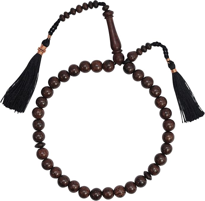 TheTasbih Muslim Tasbih Prayer Beads Made from Tamarind Wood with Black Decorated Tassels (Tesbih-Tasbeeh-Misbaha-Masbaha-Subha-Sebha-Sibha)