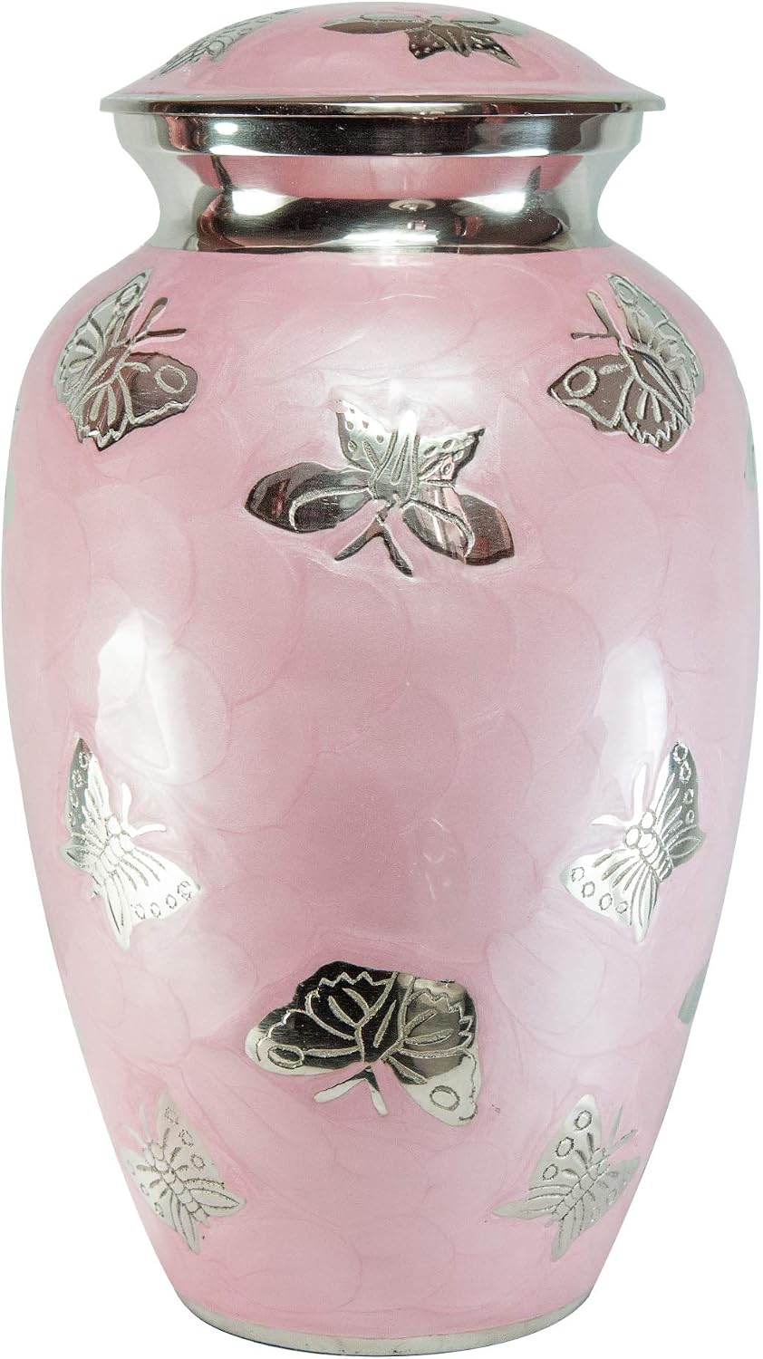 Adult Pink Butterfly Funeral Cremation Urn with Velvet Bag