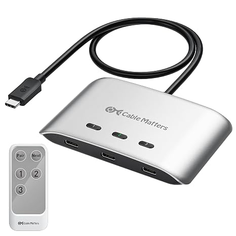 Cable Matters 20Gbps USB C KVM Switch, 3-in-1-Out, 140W PD Charging | 8K@30Hz on Windows, 4K@60Hz on macOS, Shares USB-C/Thunderbolt 4 Monitor or Dock, Not for Captive Cable Docks/Adapters