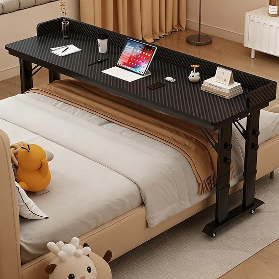 Height Adjustable Overbed Table, Mobile Over The Bed Table with Baffles, Over Bed Desk with Lockable Wheels, Crossbed Nursing Tables Computer Tables for Eating On Bed(Black,200cm/78.7")