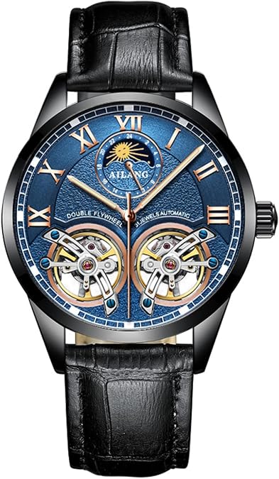 AILANG Men's Skeleton Watches Automatic Mechanical Watch with Dual Balance Wheels (Black Blue)