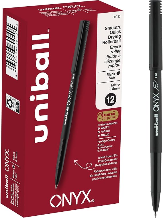 uniballTM Onyx Rollerball Pens, Micro Point (0.5mm), Black | Silky-smooth glide, acid-free archival ink, uni Super Ink protects against water, fading & fraud, 73% recycled materials