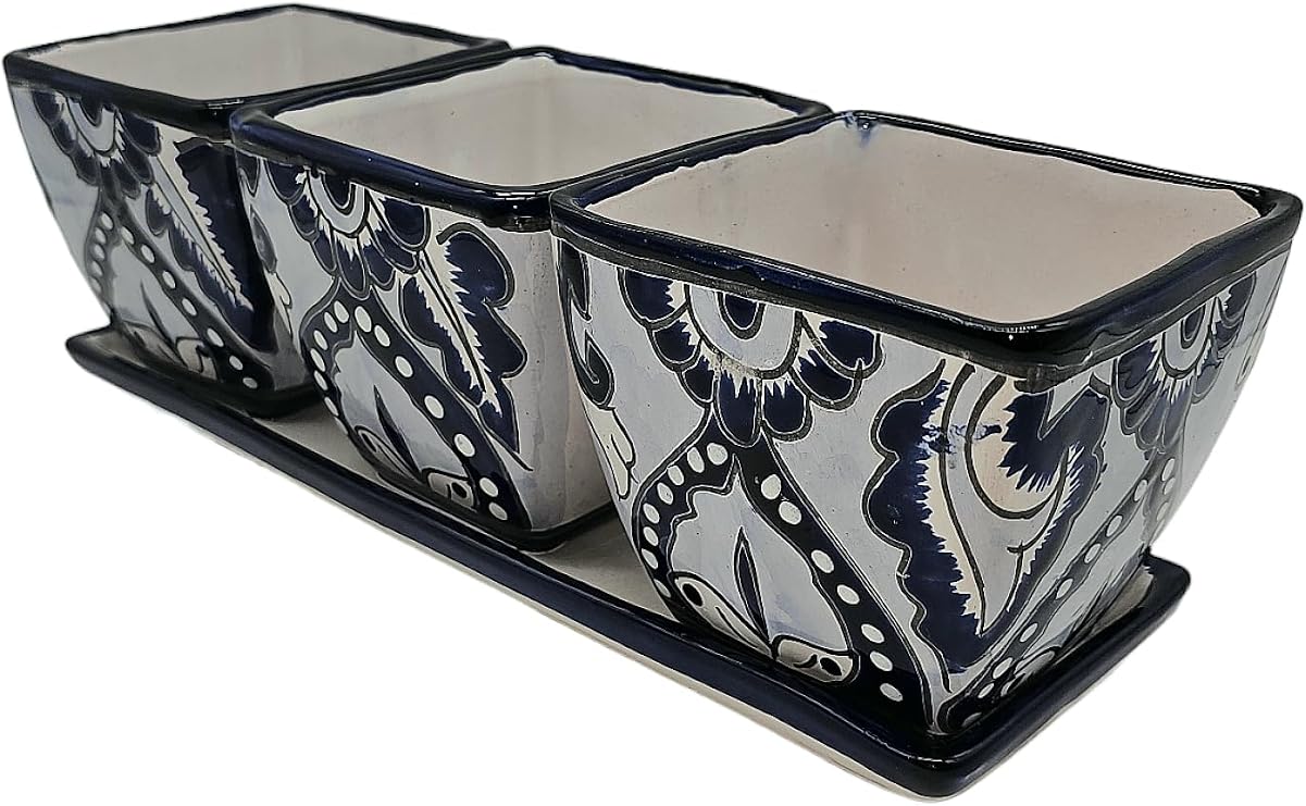 Herb Planter Set of 3 Hand Painted Pots Indoor Outdoor Multi Colored Glazed Blue and White